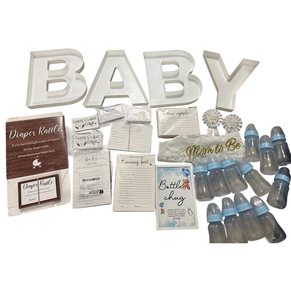 Baby shower lot - games, sash, snack containers, diaper raffle, ribbons, etc